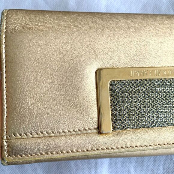 Jimmy Choo Gold Leather Bifold Wallet – Authentic Metallic Glitter Clutch - COA - Picture 5 of 12